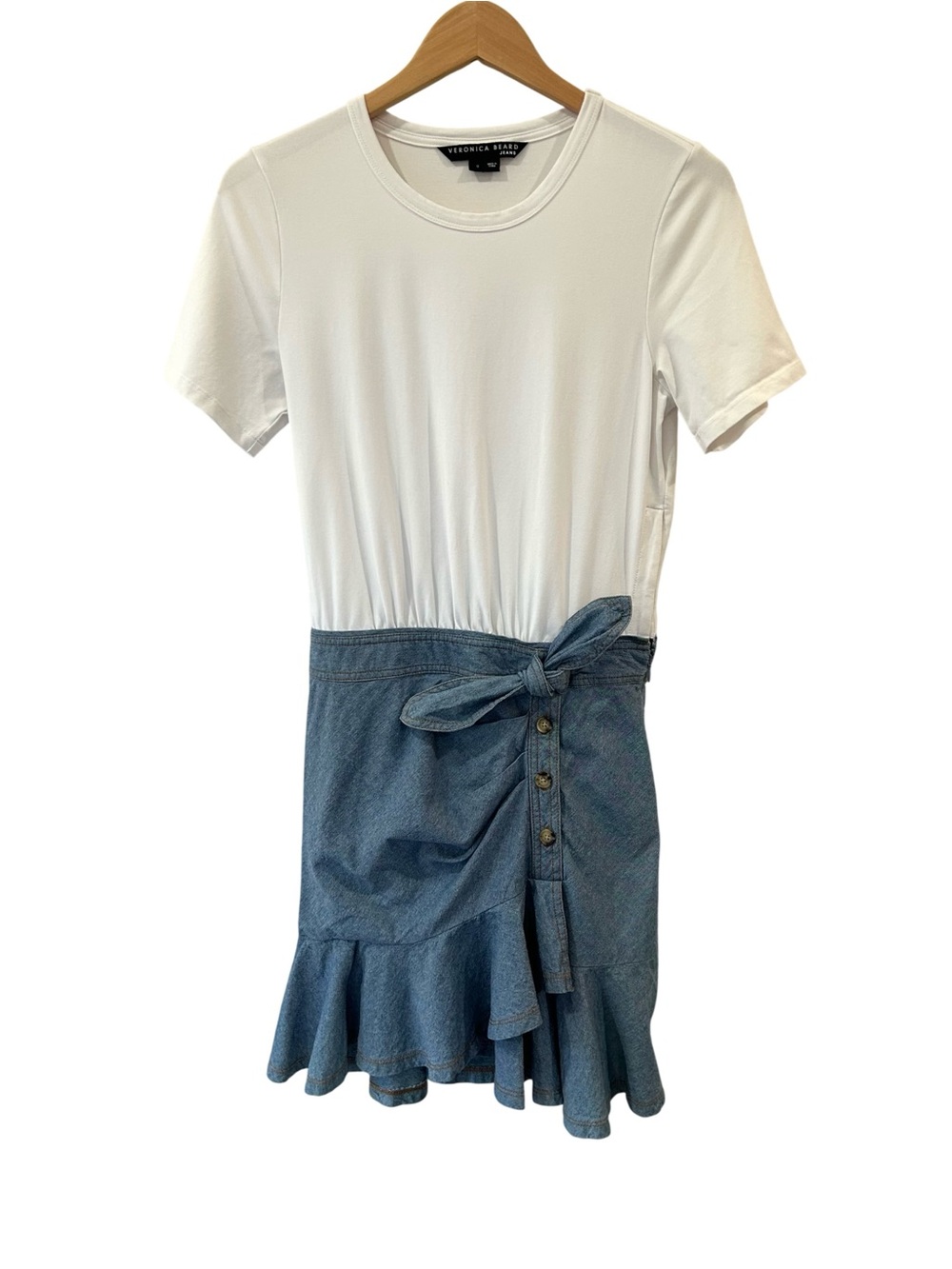 Veronica Beard Bari Dress S White Chambray mixed media Ruffle Hem